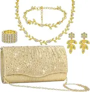 [Blosssound] 5 Pcs Purse Rhinestone Jewelry Set Gold Rhinestone Clutch Handbag Bride Prom Necklace Dangle Earrings Bracelets Ring Accessories for Women Wedding Evening Party Birthday Gift, 9.4 x 5.5 x