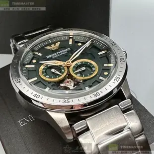 ARMANI 阿曼尼男錶 44mm 銀圓形精鋼錶殼 墨綠色機械鏤空中二針顯示, 雙眼, 運動錶面款 AR00057