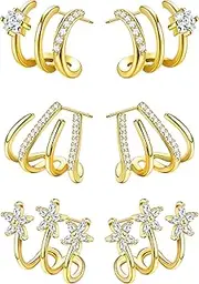 [Fansilver] 925 Sterling Silver Cubic Zirconia Cuff Earrings Triple Huggie Illusion Stud Earrings Hypoallergenic Wrap Ear Cuffs Earrings for Women Trendy