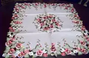 Embroidered Table Runner Pink & White Flowers w/ Green Leaves W/Cutwork 33"x33"