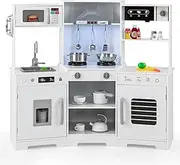 HONEY JOY Pretend Play Kitchen, Wooden Kitchen Playset Toy w/Range Hood, Ice Maker, Sink, Faucet, Microwave, Oven, Utensils, Real Sounds & Lights, Kitchen Accessory Playset for Children Aged 3+, White
