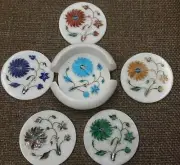 Marble Coaster Set Multi Color Semi Precious Stone Pietra Dura Art For Gift