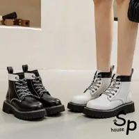 在飛比找momo購物網優惠-【Sp house】黑白撞色圓頭粗跟馬丁高幫短靴(2色可選)