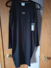 DKNY Sport Cold Shoulder Long Sleeve Black Compression Dress XS