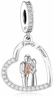 [Mon & Sons] Family Forever Newborn Mother Daughter Son Father Love Heart Charm Bead Pendant 925 Sterling Silver Dangle Compatible With Pandora Charm Bracelet, Metal