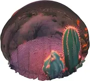 Cactus Desert Sunset Print Shower Cap For Women Men Reusable Lightweight Soft Bath Hair Cap With Elastic Band