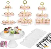 Dessert Table Stand Set 3 Pcs 3-Tier Plastic Cupcake Stands 1 Pc White Cake Stand for Party Cookie Tray Rack Serving Tray Display Tower and 5 Cake Pans and 100 Individual Packaging Spoons