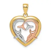 14k Two-tone Gold Two-tone Gold w/White Rhodium Dolphins In Heart Frame Charm
