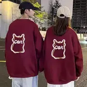 Couple Matching Crewneck Cat Print Sweatshirt With Lining - Black - XL