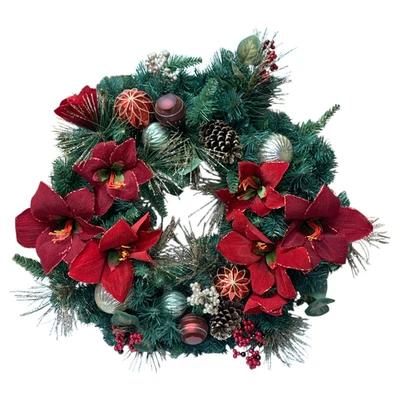 Member's Mark 60 Warm White LED Pre-Lit Decorated Holiday Wreath, 32" Poinsettia