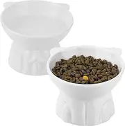 Ceramic Elevated Cat Bowls, 2Pc Extra Wide Raised Cat Bowls for Food and Water, Shallow Cat Food Dish Whisker Friendly, Anti Vomit Cat Bowls Microwave and Dishwasher Safe, Great Height for Cat (White)
