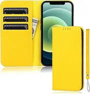 FROLAN for iPhone 13 Wallet Case with Credit Card Holder Slot Genuine Leather Premium Cow Leather Magnetic Flip Folio Drop Protection Shockproof Cover for iPhone 13 6.1 Inch (Yellow)