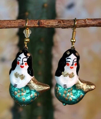 Mermaid Sirena Green Tail Earrings Handmade Polymer Clay Oaxaca Mexican Folk Art