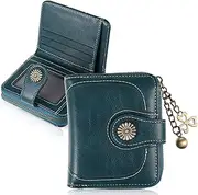 [Hi.FANCY] Women's Leather Small Wallet, Bifold Compact Leather Ladies Purse, Vintage Small Purses Multiple Card Holder Slots and Roomy Compartment with ID Window for RFID Protection, Blue, Vintage