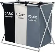 [Haundry] 135L Laundry Cloth Hamper Sorter Basket Bin Foldable 3 Sections with Aluminum Frame 67cm × 38cm x 60cm Washing Storage Dirty Clothes Bag for Bathroom Bedroom Home (White+Grey+Black)