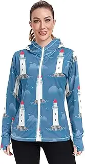 [RPLIFE] Whimsical Sweet Lighthouse Blue Uv Jacket Women, Upf 50+ Zip up Outdoor Hoodie, (S-XXL)