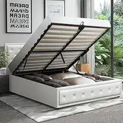 Oikiture Queen Bed Frame with Storage Space Gas Lift Bed Mattress Base White