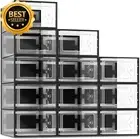 12-Pack Shoe Storage Boxes, Clear Stackable Organizer, Foldable, Black
