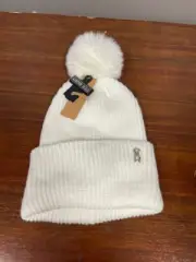 Steve Madden Toboggan with Faux Fur Pom One Size White