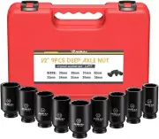 1/2" Drive Deep Impact Socket Set, 9-Piece Spindle Axle Nut Metric Sockets Set