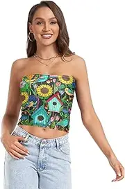 [RPLIFE] Vibrant Garden Scene Crop Tube Tops for Women, Sexy Tube Tops, Sheer Tube Tops, Womens Summer Clothes (S)