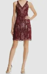 $365 Aidan Mattox Women's Red Sleeveless Beaded Fringe Sheath Dress Size 2