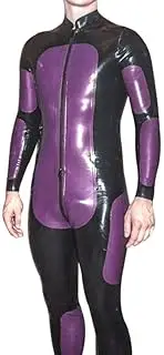 [DAIJES] Black and Pearl Purple Latex Catsuit with Front to Back Crotch Zippers Trims Rubber Bodysuit Zentai Overall