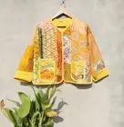 Indian Yellow Patchwork Cotton Women Winter Jacket Reversible Blazer Waist Coats