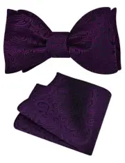 Mens Dark Purple Self Tied Bow Tie Silk Woven Paisley Retro Bow tie Handkerch