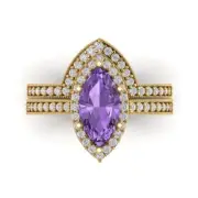 2.1 MQ Round Cut Halo Alexandrite Stone Promise Bridal Band set 14k Yellow Gold