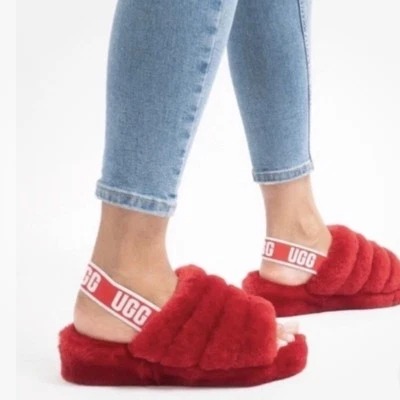 NIB UGG Fluff Yeah Slides Red Comfort Cozy Warm slippers Women Size 5