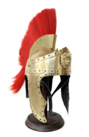 Medieval valsgrade helmet red plume w/ wooden stand halloween costume gift item