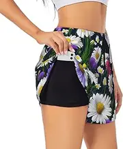 [GaxfjRu] Wild Flowers and Cornflowers Daisies Print Women's Running Shorts High Waisted Running Shorts Pocket Sporty Gym Elastic Short