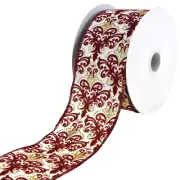 Elegant Damask Pattern Wired Ribbon, 2-1/2-inch, 10-yard, Ivory/Burgundy