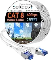 Sokqovt Cat 8 Ethernet Cable Slim 25ft Outdoor&Indoor, Pure Copper Cat8 Internet Cable for Waterproof & Direct Burial, Flexible Cat8 Ethernet Cable 40G 2000MHZ, Cat 8 Network Cable for Indoor White