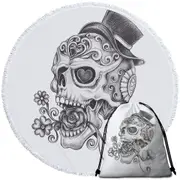 Black and White Pencil Skull Drawing Round Beach Towel