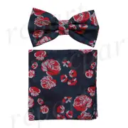 Men's microfiber Pre-tied Bow Tie & hankie set black red floral pattern formal