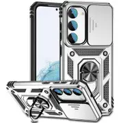 For Samsung Galaxy S23+ Case Slide Camera Lid PC+TPU Ring Kickstand Phone Back Cover