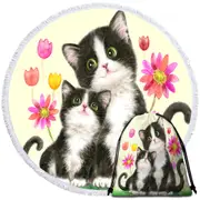 Cute Black and White Cats Mother and Daughter Round Beach Towel