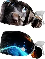 [YTYVAGT] 2-Pc,Nurse Scrub Caps,Scrub Hats with Buttons and Cotton Sweatband,Black and Gray Puppies