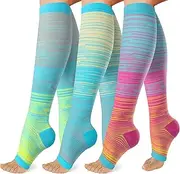 OUIVIAL 3 Pack Copper Compression Socks for Women&Men 20-30mmHg Open Toe Knee High Support Socks for Varicose Vein Running, A06-lightstrip, Large-X-Large