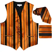 New Men's vertical stripes Tuxedo Vest Waistcoat_tie & hankie black gold formal