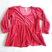 NWT Only Necessities Womens 4XL Top Blouse Hot Pink Velvet Peasant 3/4 Sleeve
