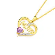 9ct Gold Amethyst & Diamond 'mum' Heart Pendant in Purple