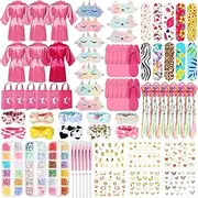 Suhine 6 Sets Girls Spa Birthady Party Supplies Birthday Print Satin Robe Tote Bags Spa Kit Nail Salon Kit, Pink Series, M