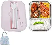 DUUKOA Glass Bento Box Lunch Box with Lunch Bag 3 Compartment Glass Meal Prep Containers Glass Food Storage (Pink)