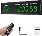 Digital Count Up & Count Down Timer, Large LED Display & 2" Bold Green Font, 999-Day Countdown, 12/24H Clock with Buzzer & Remote Control