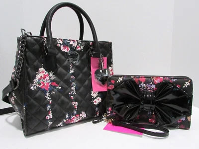 Betsey Johnson Black Floral Satchel Shoulder Bag Tote & Bow Wallet Clutch NWT