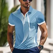 Men's Geometic Line Zip Polo Shirts Short Sleeve Polo Shirts Collared Shirts Business Casual Outdoor Athleisure 3D Print Summer Black Blue Green