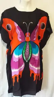 Women Ponchow Top Kaftan Dress Black Orange 100% Rayon Free Size 52" around